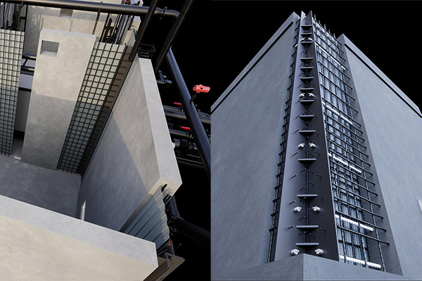 CROM2 Tanks specialized 90-degree corner posts and joints sealing straight walls on a CROM² post-tensioned concrete tank.